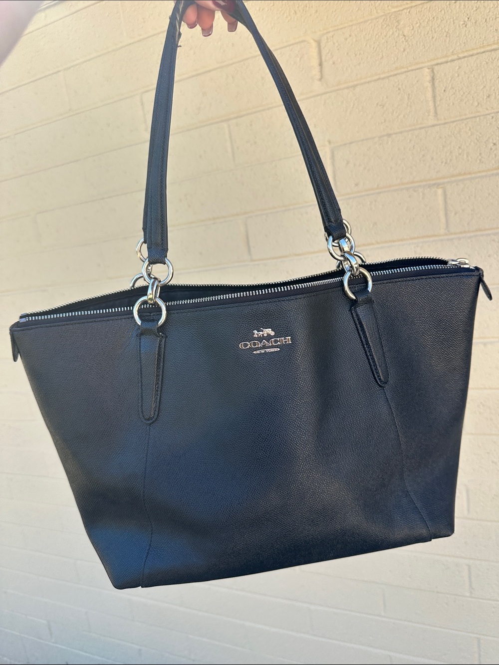 Coach Black Leather Double-Handle Tote with Silver Hardware